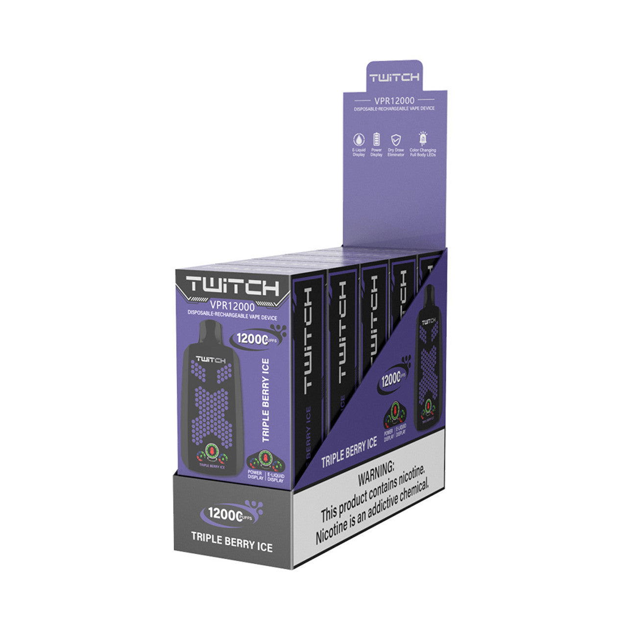 Twitch VPR12000 Puffs 18ML Disposable Rechargeable Vape Device With E-Liquid Screen - Display of 5 (MSRP $20.00 Each)