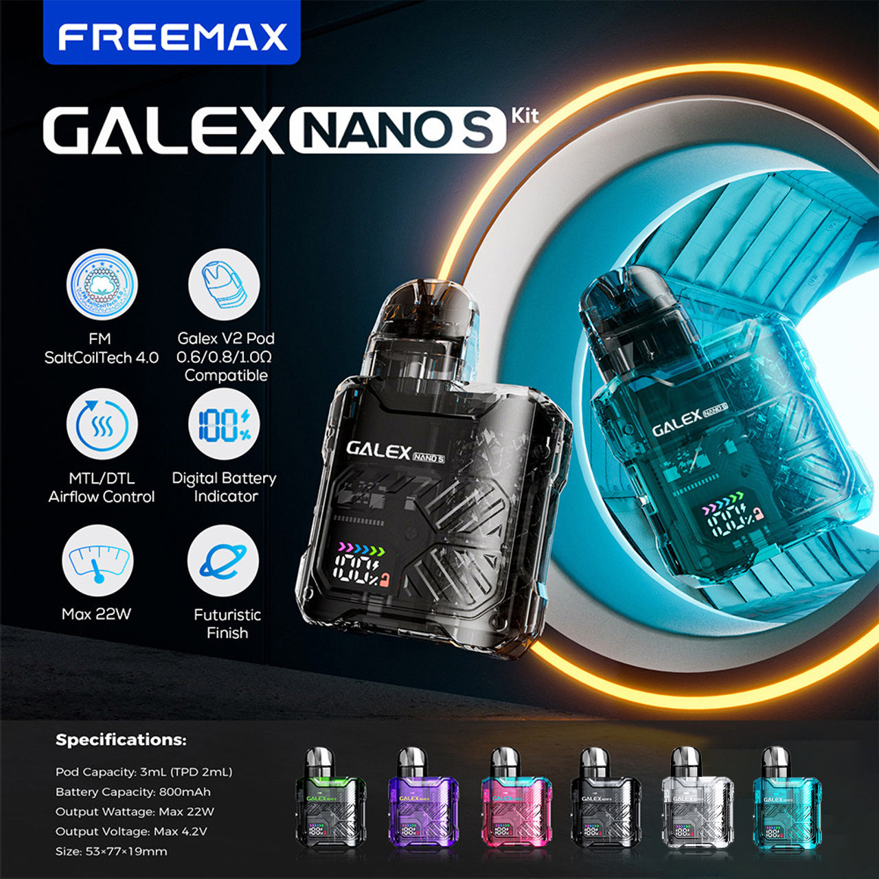 Freemax Galex Nano 2 900mAh Pod System Starter Kit With Refillable 2ML Galex Pod & 3ML Galex V2 Pod (MSRP $25.00)