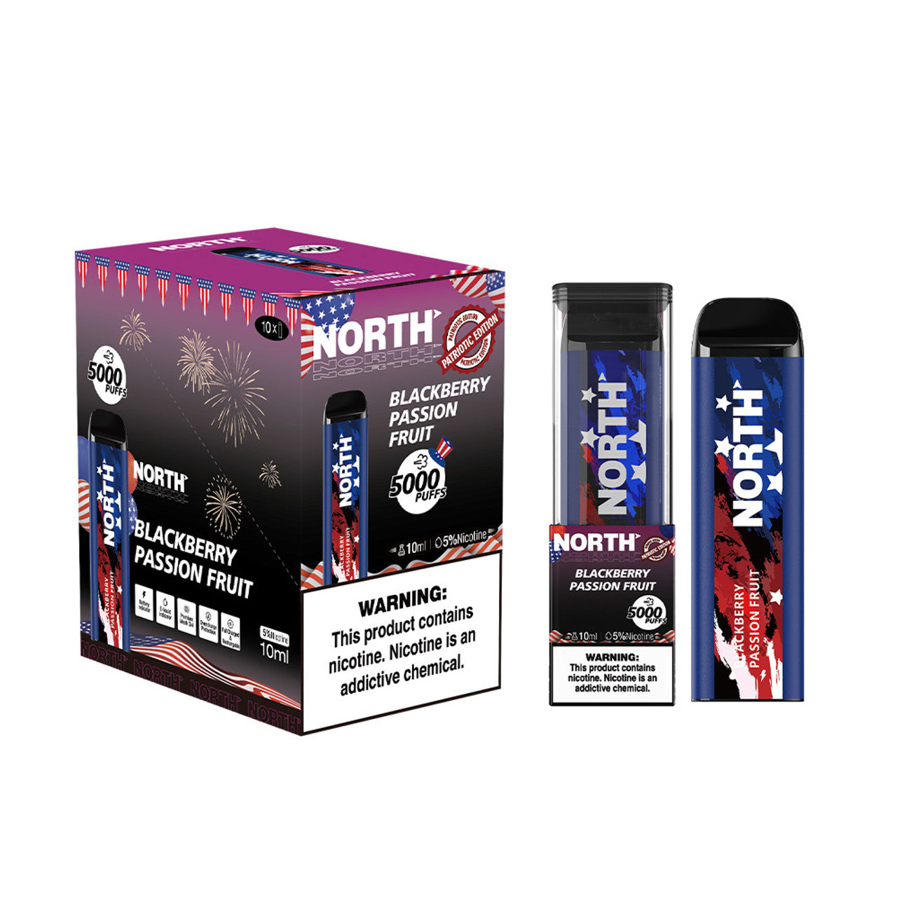 North Patriotic Edition 5K Puffs 10ML Disposable Vape Device With E-Liquid & Battery Indicator - Display of 10 (MSRP $25.00 Each)