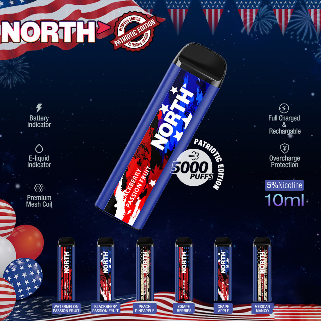 North Patriotic Edition 5K Puffs 10ML Disposable Vape Device With E-Liquid & Battery Indicator - Display of 10 (MSRP $25.00 Each)