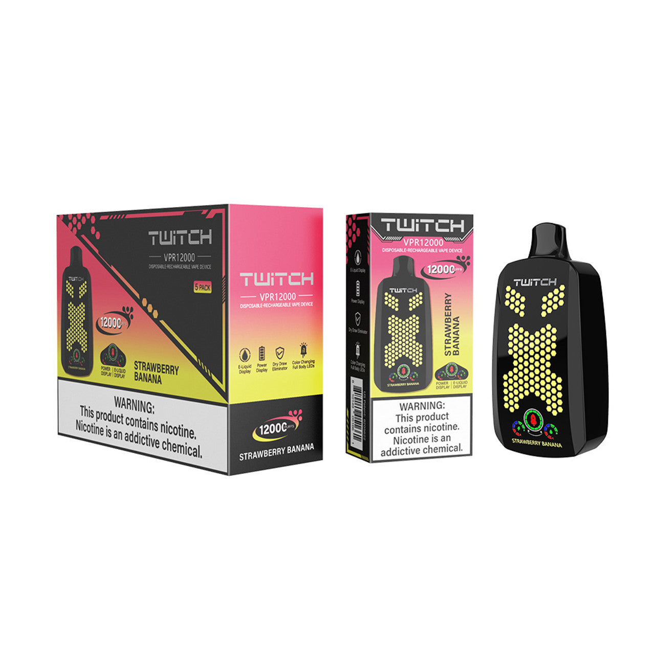 Twitch VPR12000 Puffs 18ML Disposable Rechargeable Vape Device With E-Liquid Screen - Display of 5 (MSRP $20.00 Each)