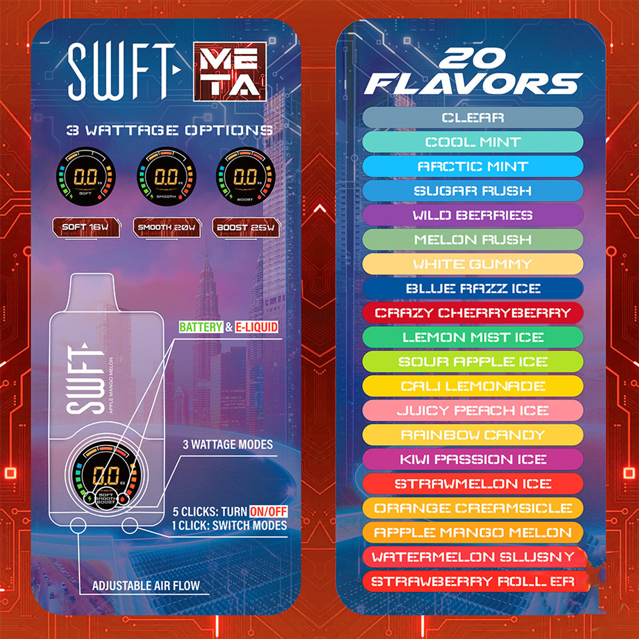 SWFT Meta 24ML 30K Puffs Smart Disposable Device With Adjustable Airflow & Large Screen - Display of 5 (MSRP $25.00 Each)