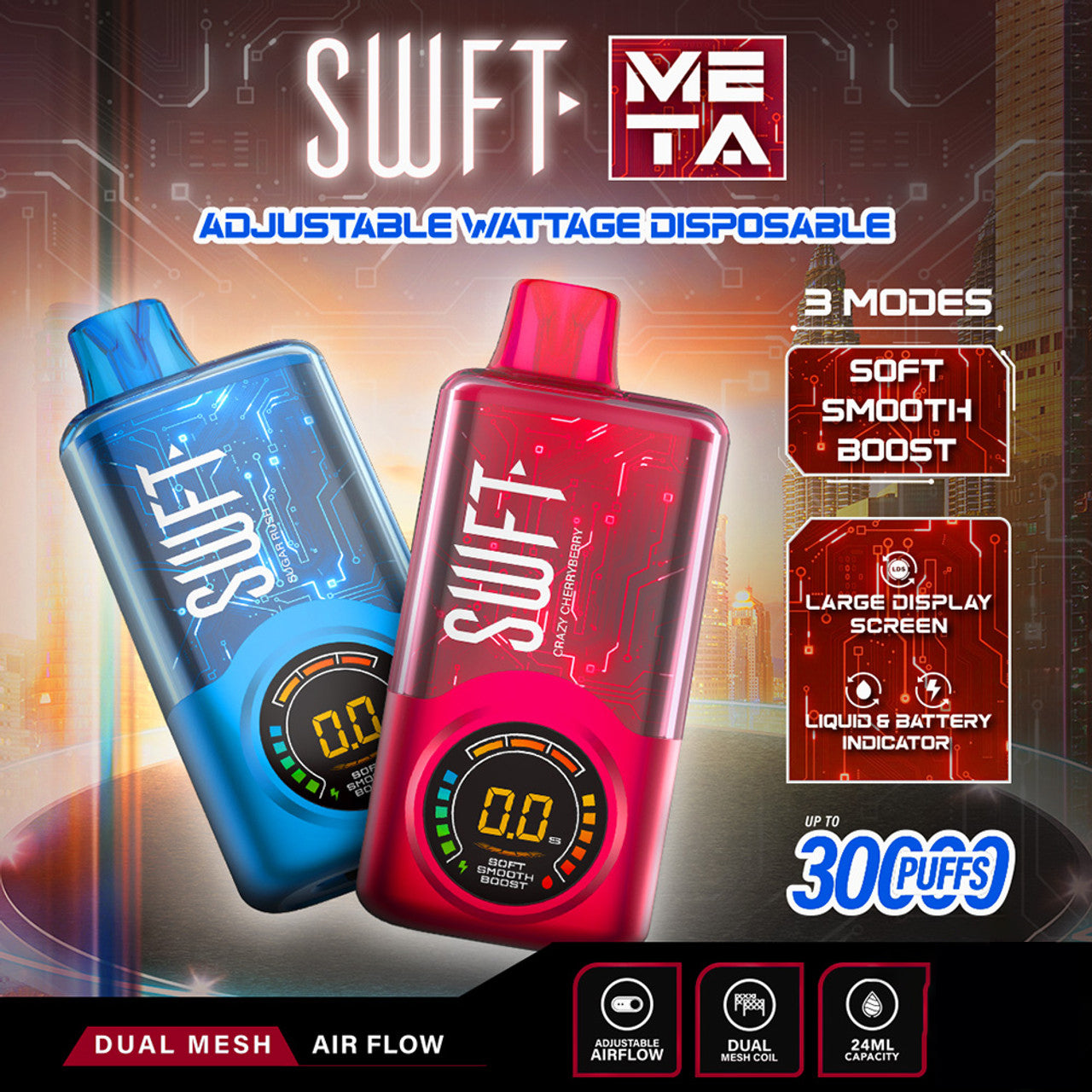 SWFT Meta 24ML 30K Puffs Smart Disposable Device With Adjustable Airflow & Large Screen - Display of 5 (MSRP $25.00 Each)