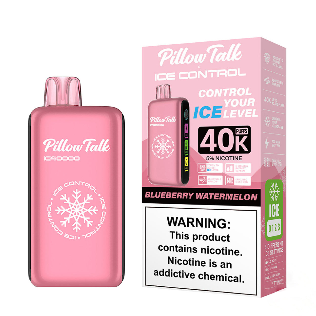 PRE ORDER - Pillow Talk Ice Control IC40000 Puffs 20ML Disposable Device With Touch To Adjust Ice Level & LED Screen - Display of 5