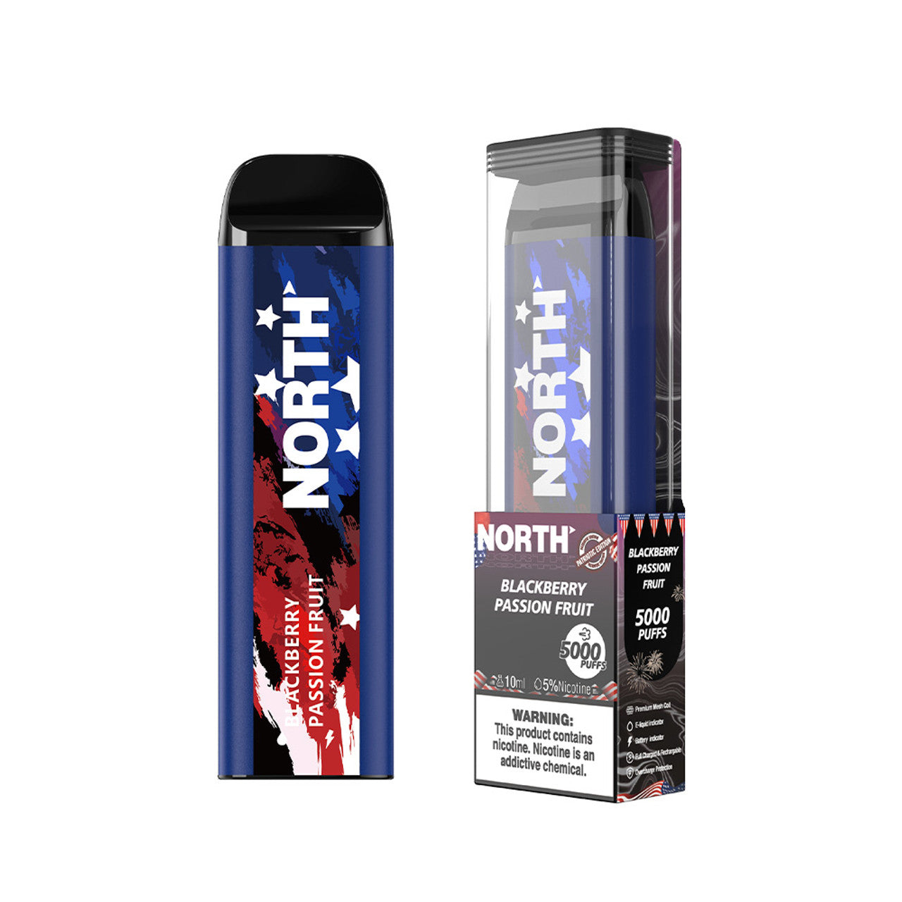 North Patriotic Edition 5K Puffs 10ML Disposable Vape Device With E-Liquid & Battery Indicator - Display of 10 (MSRP $25.00 Each)