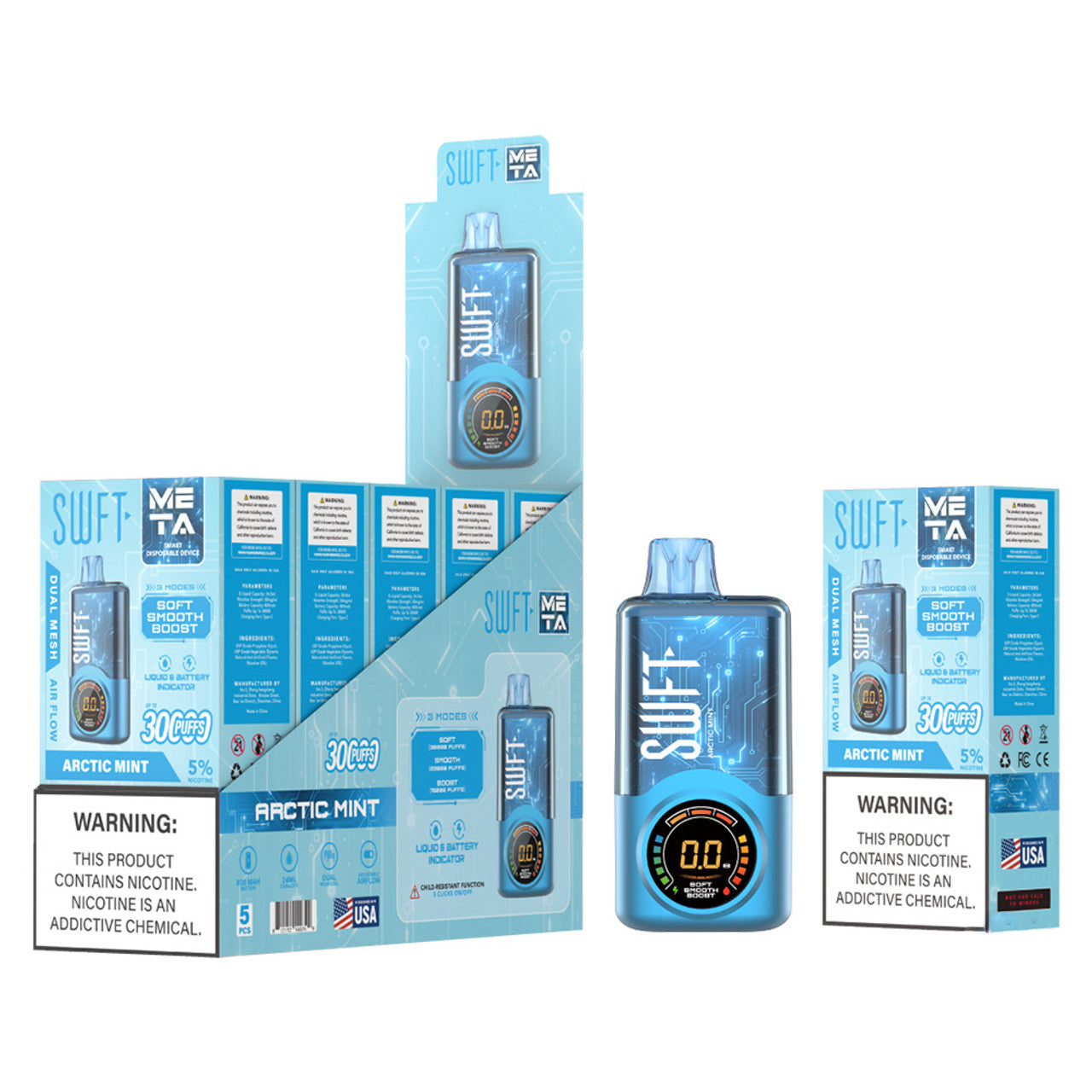 SWFT Meta 24ML 30K Puffs Smart Disposable Device With Adjustable Airflow & Large Screen - Display of 5 (MSRP $25.00 Each)