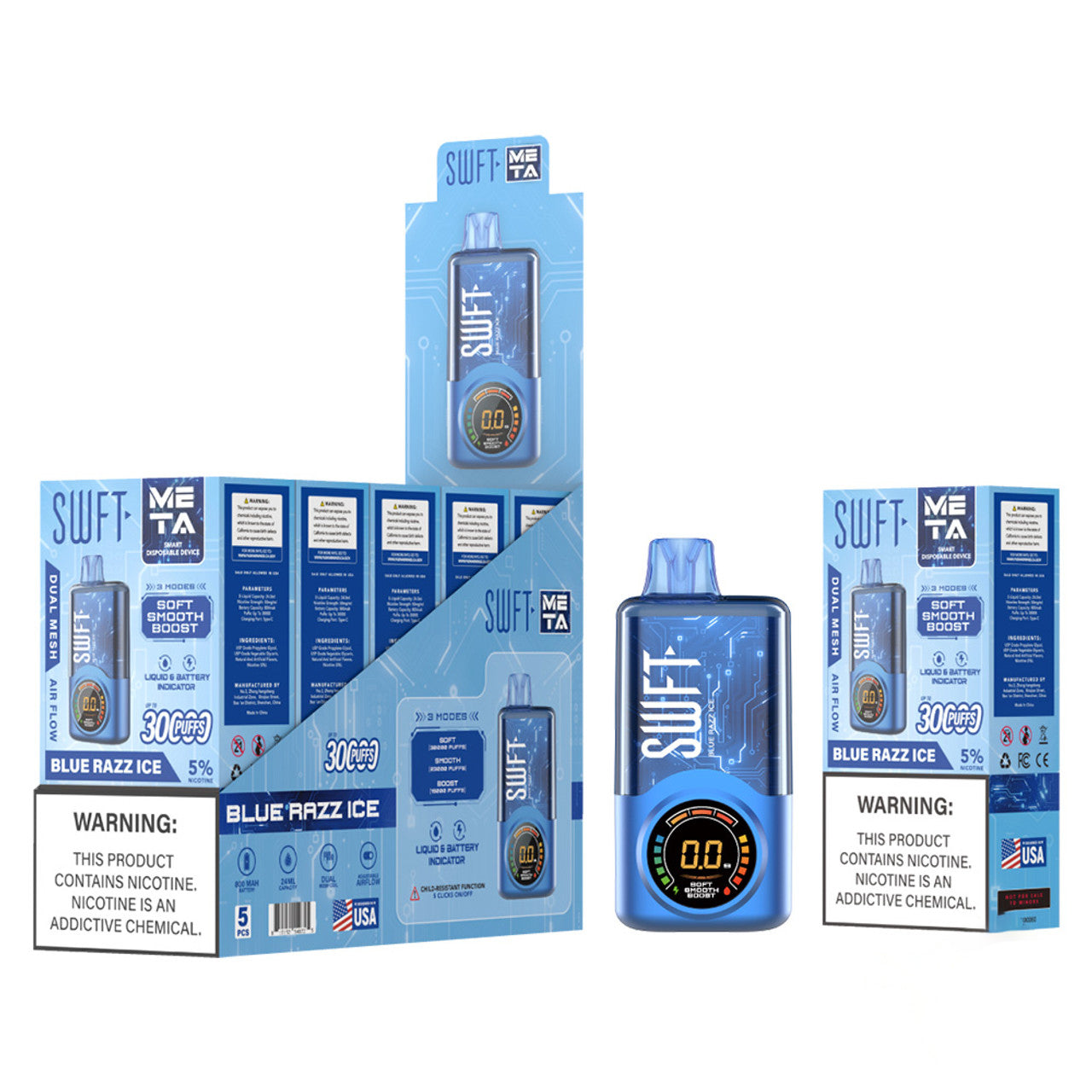 SWFT Meta 24ML 30K Puffs Smart Disposable Device With Adjustable Airflow & Large Screen - Display of 5 (MSRP $25.00 Each)