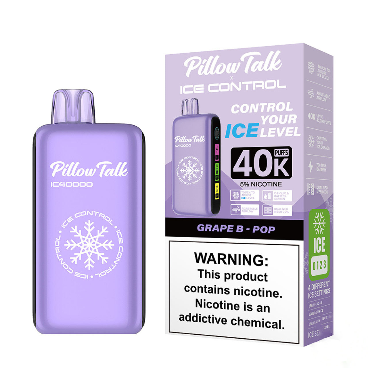 PRE ORDER - Pillow Talk Ice Control IC40000 Puffs 20ML Disposable Device With Touch To Adjust Ice Level & LED Screen - Display of 5