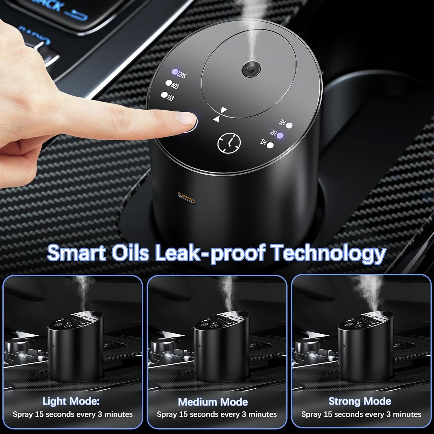 Waterless Car Diffuser, Waterless Diffusers for Essential Oils with Smart Cold Mist & Leakage free, Cordless Aromatherapy Diffuser with Timing & 3 Mist Levels for Car, Room, and Office