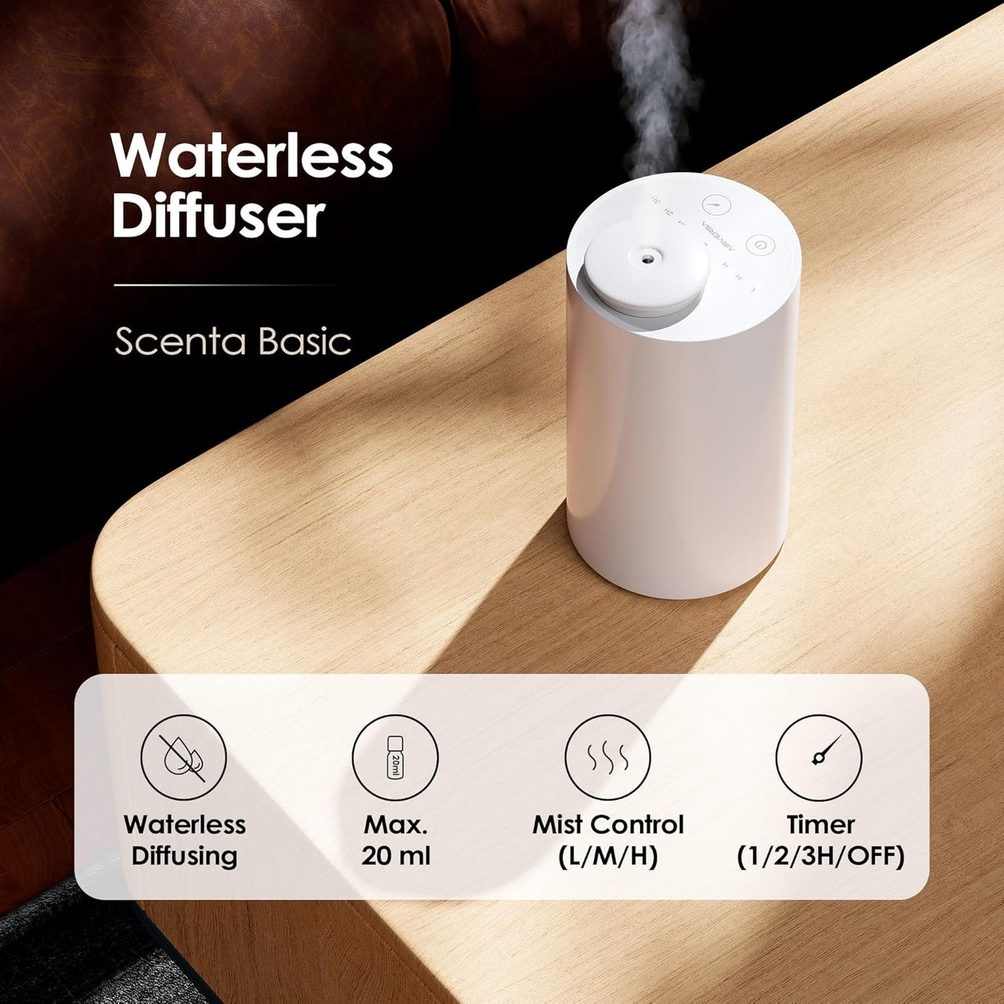 Waterless Diffuser for Essential Oil Nebulizer Battery Operated Mini Scent Air Machine Aromatherapy Atomizing Diffuser 1/2/3H/Time Off 3 Mist Level for Home Cars Office