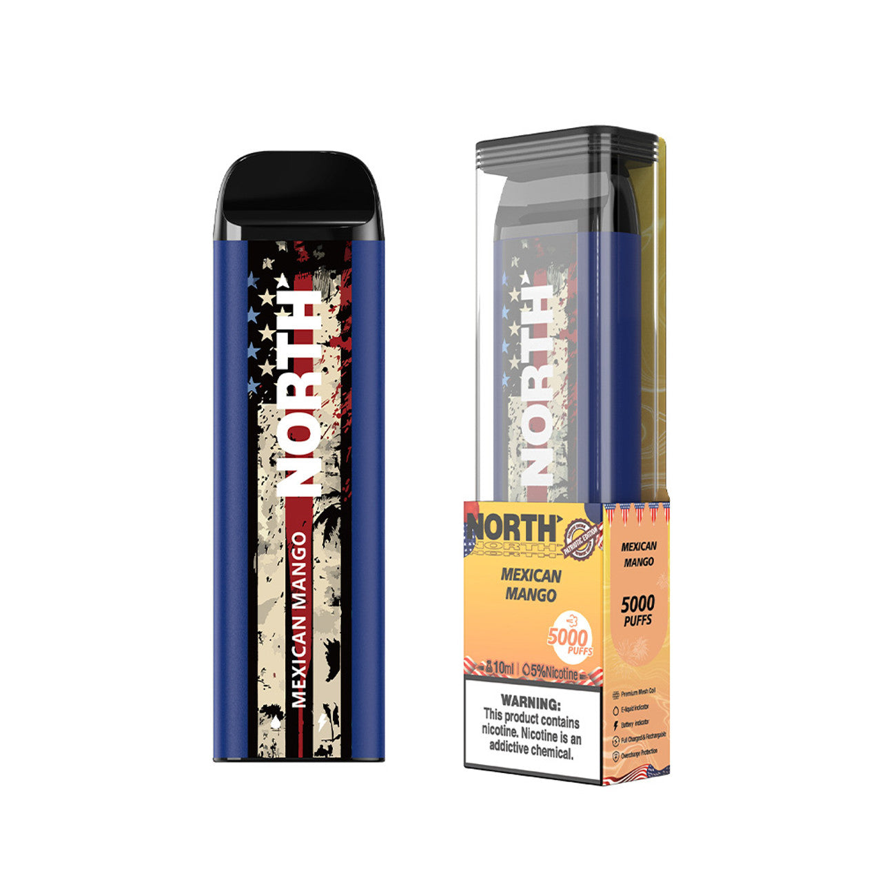 North Patriotic Edition 5K Puffs 10ML Disposable Vape Device With E-Liquid & Battery Indicator - Display of 10 (MSRP $25.00 Each)