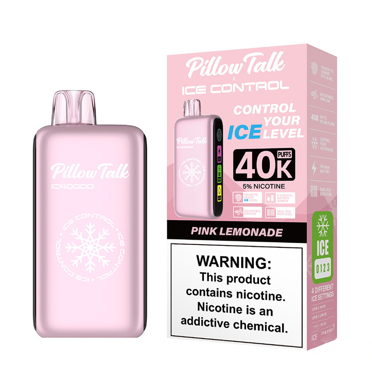 PRE ORDER - Pillow Talk Ice Control IC40000 Puffs 20ML Disposable Device With Touch To Adjust Ice Level & LED Screen - Display of 5