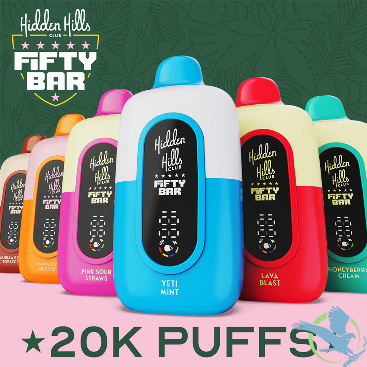 Hidden Hills Club x Fifty Bar 16ML 20K Puffs Disposable Device With Always Active Boost & Adjustable Airflow - Display of 5 (MSRP $19.99 Each)